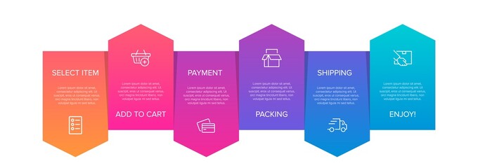 Concept of shopping process with 6 successive steps. Six colorful graphic elements. Timeline design for brochure, presentation, web site. Infographic design layout.