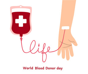 Blood donation concept. Hand with medical bag container and text Life. Hematology medicine illustration. Vector for donor day