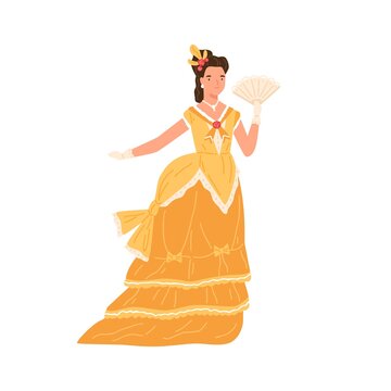 Young woman wearing old fashioned vintage dress and hairstyle in 1860s decade style. Female character in elegant retro garment holding fan. Flat vector cartoon illustration isolated on white