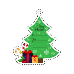 Christmas tree with gifts. Christmas. Gift tag. Card. Vector . Flat