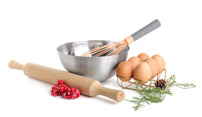 Kitchen utensils for Christmas bakery on white background