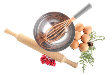 Kitchen utensils for Christmas bakery on white background