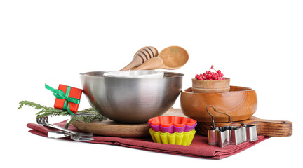 Kitchen utensils for Christmas bakery on white background