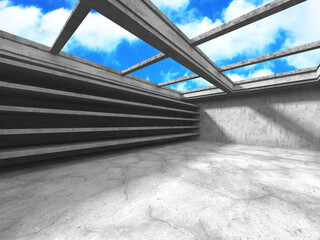 Concrete room wall construction on cloudy sky background