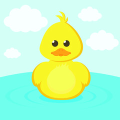 One cute yellow duckling. Cartoon cute duckling floats on the water. Flat vector illustration