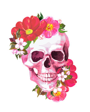 Human skull with flowers in boho style. Vector illustration