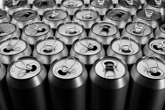 Group Of Silver Recyclable Aluminum Cans From Above Closeup Full Frame