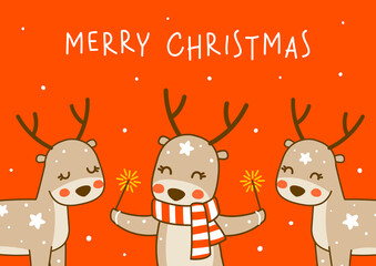 Cute little deers on red background - cartoon characters for funny Christmas and New Year winter greeting card design