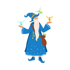 Old gray haired mage with beard holding flying little fairies. Portrait of aged sorcerer with a bag of herbs. Cute wizard man in magical costume. Flat vector cartoon illustration isolated on white