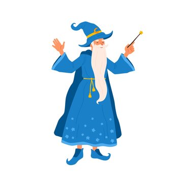 Aged bearded mage conjure with magic wand. Portrait of old magician practicing wizardry. Cute wise sorcerer in magical costume. Flat vector cartoon illustration of funny wizard isolated on white