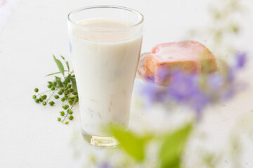 soybean milks healthy drinks with dessert bread for breakfast on table white