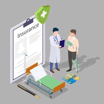 Isometric doctor, patient with broken arm and leg, health insurance policy with shield, flat vector illustration. Medical insurance concept.