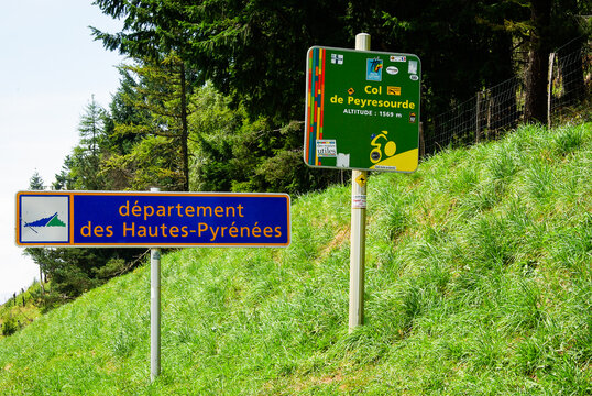 Signs at the entrance to the Tour de France Pass Col de Peyresourde. High quality photo