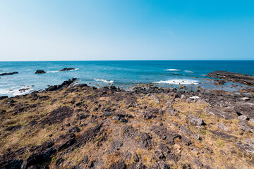  Beautiful landscape of the beach with local colorful basket boats at Ly Son island, Quang Ngai Province, Viet Nam