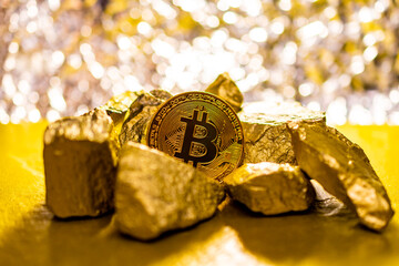 Golden Bitcoin Coin and mound of gold stones with yellow bokeh background. Bitcoin crypto currency. Blockchain Technology concept. Crypto investment security and strategy. 