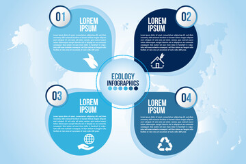 Infographic eco water blue design elements process 4 steps or options parts with drop of water. Ecology organic nature vector business template for presentation.