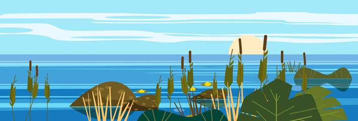 Beautiful landscape sea, lake, stones, reeds, flora, mountains Vector illustration trendy cartoon style poster