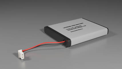 A Lithium Ion Battery lying on a flat surface. 3D rendering illustration. 