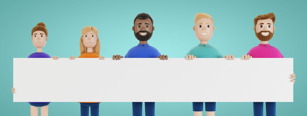 Group of people holding a blank banner. 3D illustration in cartoon style.