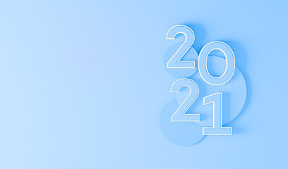 Minimal scene with podium and pastel blue background. Concept of Happy New Year 2021. 3D numbers 2021 and letter text, poster, banner, cover card, brochure, studio, mockup. 3d render. Front view.