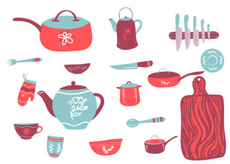 Cook's tools and items set. Hand drawn design elements. Vector illustration with items for cooking. knife, plates, pan, cup, kettle, spoon, cutting board, frying pan. on white