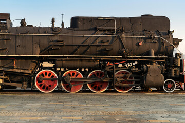 Fototapeta na wymiar Old steam engine train and parts close-up