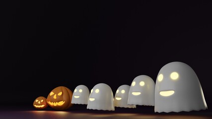3d render Halloween Background, Smile Happy Ghost gang and scary glowing pumpkin , dark purple background illustration
