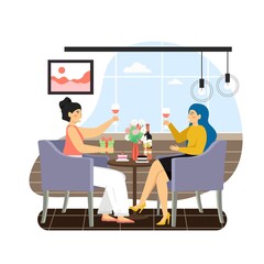 Two happy girls sitting at table and drinking wine at restaurant, flat vector illustration.