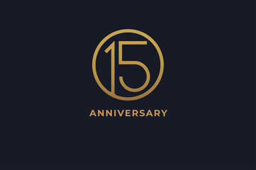 Number 15 logo,  gold line circle with number inside, usable for anniversary and invitation, golden number design template, vector illustration