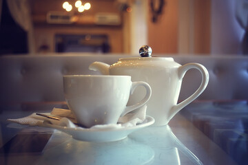 breakfast in a cafe, interior morning food hotel, teapot and cup serving restaurant