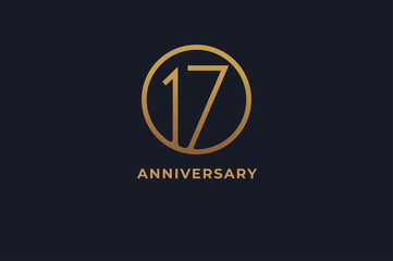 Number 17 logo,  gold line circle with number inside, usable for anniversary and invitation, golden number design template, vector illustration