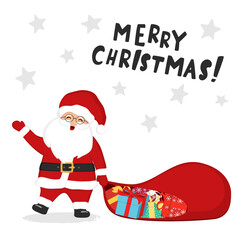 Fototapeta na wymiar Hand drawn sketch illustration of smiling Santa Claus with Santa bag and gifts. Santa pulls the sack. Lettering Merry Christmas. New Year and Christmas character vector for greeting card, invitation