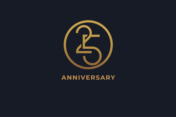 Number 25 logo,  gold line circle with number inside, usable for anniversary and invitation, golden number design template, vector illustration