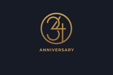 Number 34 logo,  gold line circle with number inside, usable for anniversary and invitation, golden number design template, vector illustration