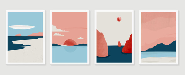 Mountain and landscape wall arts collection. Abstract art with land, desert, home, way, sun, sky. Design for wall art home decoration, prints, digital and smart phone wallpaper, fabric and background