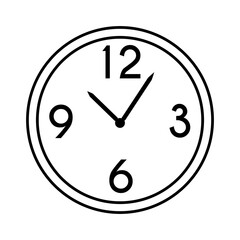 Wall round mechanical clock with hands and numbers 12 3 6 9. Chronograph timekeeping device. Hand drawn flat cartoon home or office decor. Stock vector illustration isolated on white background.