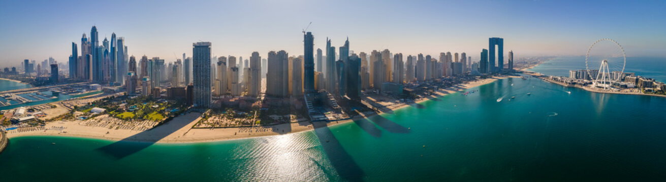 JBR beach and Dubai Marina skyscrapers aerial view