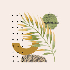 Illustration vectorielle moderne avec feuille de palmier tropical, textures grunge granuleuses, griffonnages, éléments minimaux