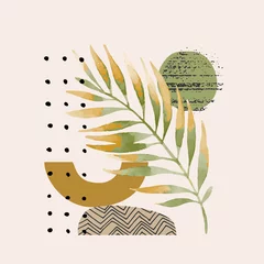 Foto auf Acrylglas Grafikdrucke Moderne Vektorgrafik mit tropischem Palmblatt, körnigen Grunge-Texturen, Kritzeleien, minimalen Elementen