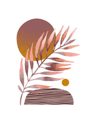 Illustration vectorielle moderne avec feuille de palmier tropical, textures grunge granuleuses, griffonnages, éléments minimaux