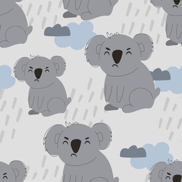 Upset koala. seamless pattern. Decorative wallpaper for the nursery in the Scandinavian style. Vector. Suitable for children's clothing, interior design, packaging, printing.