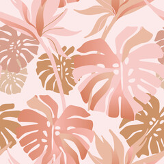 Golden rose blush tropical flowers, leaves seamless pattern.