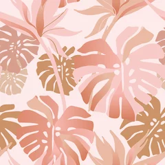 Papier peint Feuilles tropicales Fleurs tropicales roses dorées, feuilles motif sans couture.