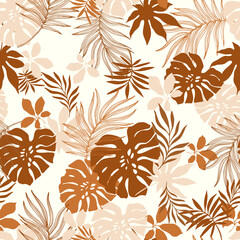 Hand drawn tropical summer background: palm, monstera leaves in silhouette, line art styles.