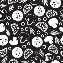 Monochrome seamless pattern with pizza ingredients: mushroom, pepperoni, tomato, olives, herbs with grunge texture.