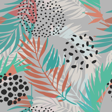 Floral and geometric background with triangles, palm leaves, doodle, gradient texture, 80s 90s shapes, pop art, memphis elements. © Tanya Syrytsyna