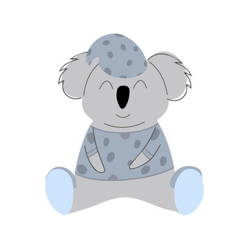Cute koala in blue pajamas, vector children's colorful illustration in cartoon hand drawn style for printing on baby clothes, interior design, packaging, stickers. Isolated on white