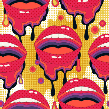 Funky open mouth, dripping paint, polka dots seamless pattern