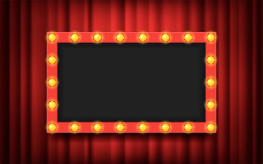 Frame with light bulbs on red theater curtains background. Vector illustration.