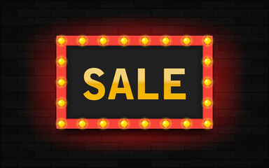 Obraz premium Frame with light bulb and word sale on brick wall background. Modern illustration.